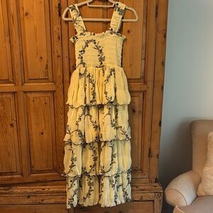 Ganni Cream Smocked Dress with Black Floral Accents